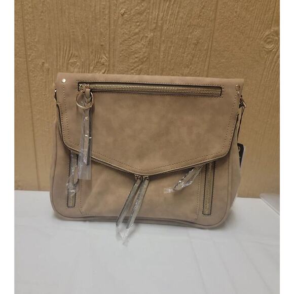 VR NYC Faux Suede Crossbody Bag Natural Envelope Flap Beige - Picture 1 of 10